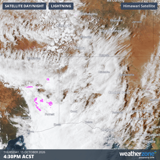 Image: Composite day/night satellite image and lightning observations during the 12-hour period ending at 4:30am ACST on Friday, October 16, 2026. Source: Weatherzone.