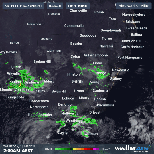 Combined satellite and radar loop for southeastern Australia for the eight hours to 10am (AEST) on Thursday, June 4, 2026. Source: Weatherzone
