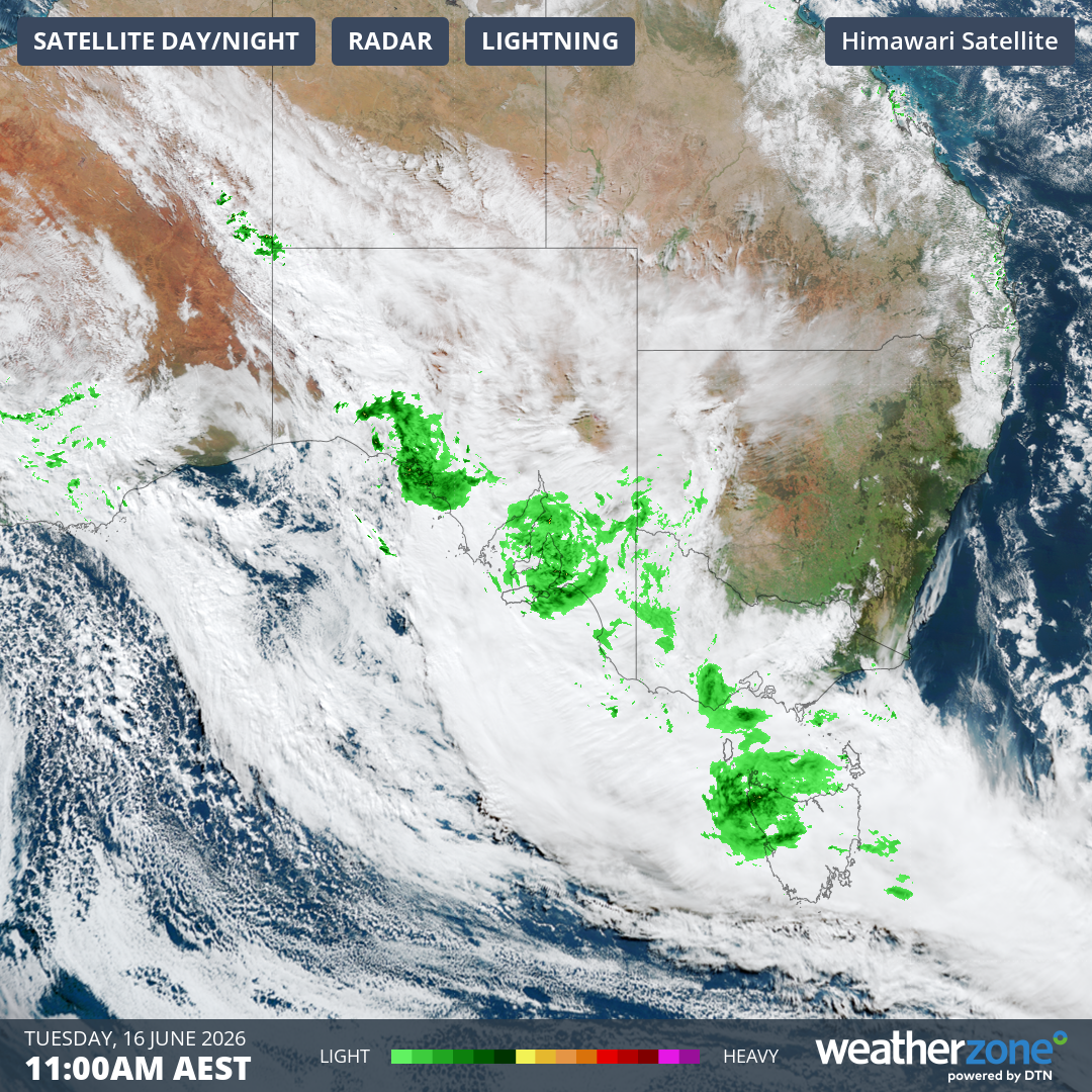 Combined satellite and radar image for SE Australia at 11 am (AEST) on Tuesday, June 16, 2026. Source: Weatherzone.