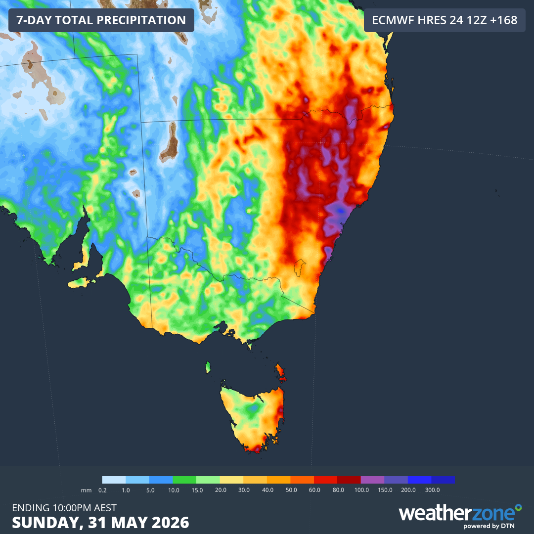 Forecast accumulated rain over southeastern Australia during the seven days ending at 10 pm AEST on Sunday, May 31, 2026. Source: Weatherzone.