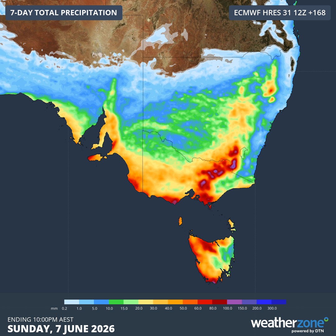 Forecast accumulated rain during the next seven days, although most of this will fall between Monday and Thursday. Source: Weatherzone.