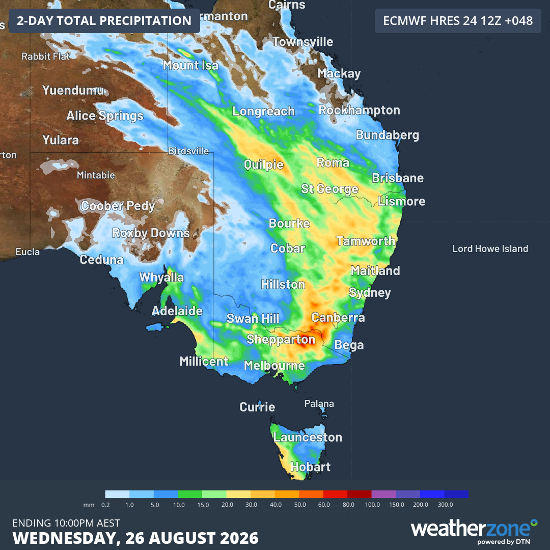 Forecast accumulated rain during the 48 hours ending at 10 am AEST on Wednesday, August 26, 2026. Source: Weatherzone.