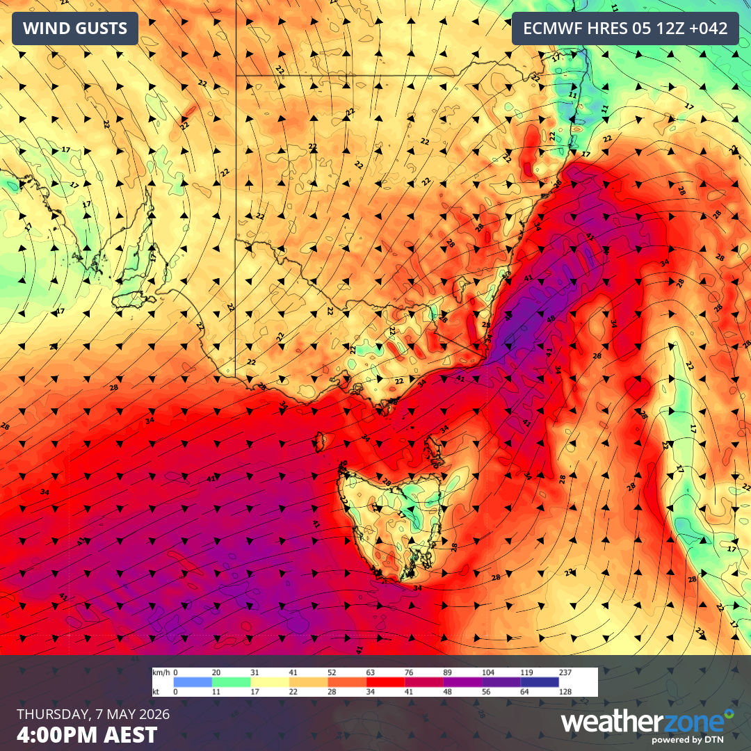 Forecast wind gusts on Thursday afternoon. Source: Weatherzone.