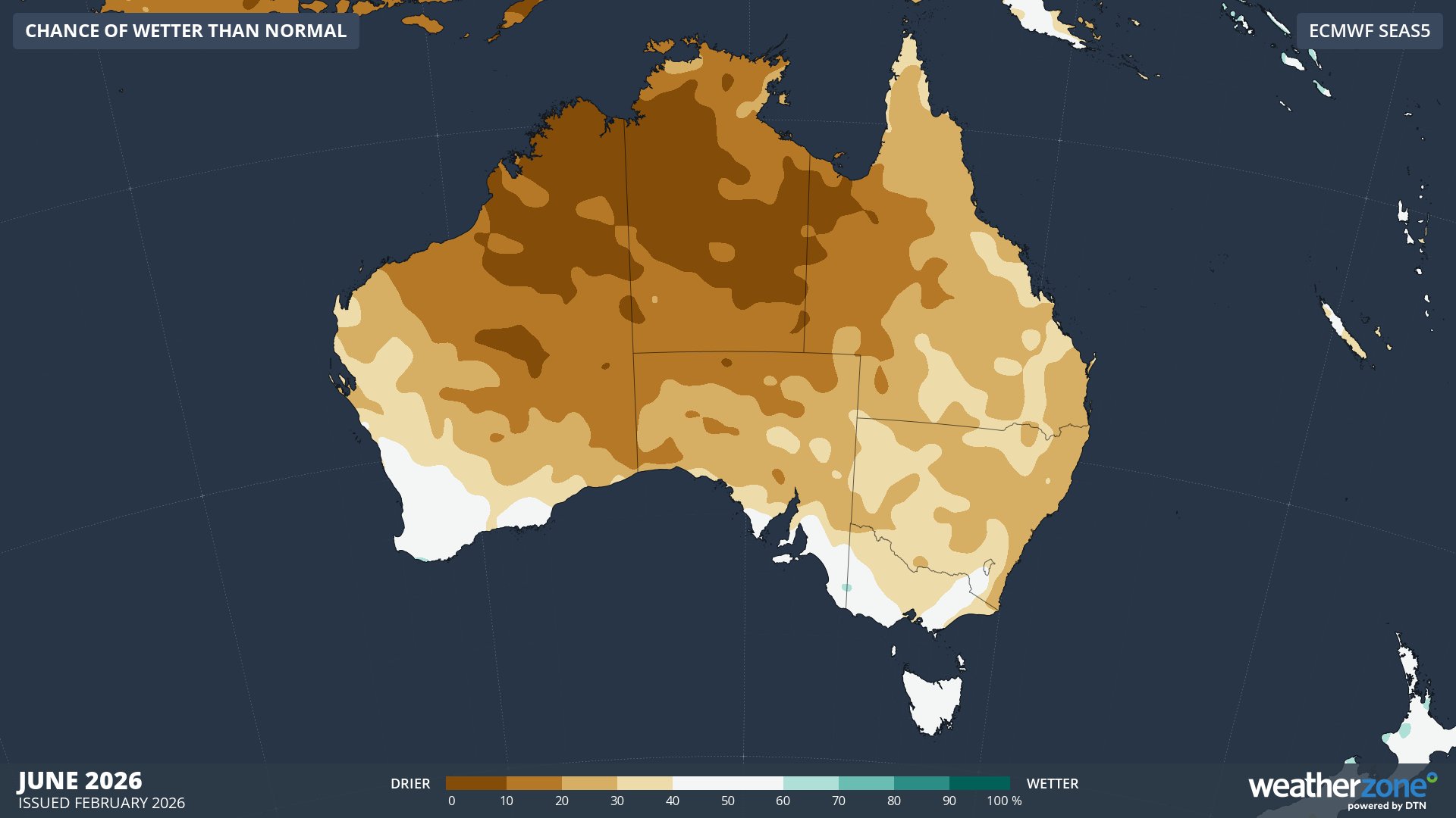Chance of wetter-than-normal conditions over Australia during June 2026. Source: Weatherzone / ECMWF SEAS5.