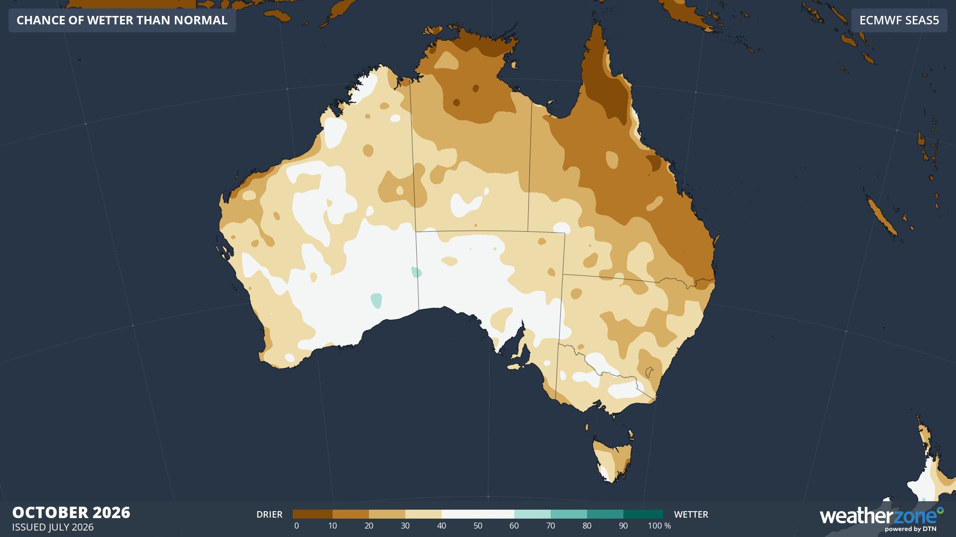 Chance of above average rainfall across Australia in October 2026, according to the ECMWF SEAS5 model. Source: Weatherzone.