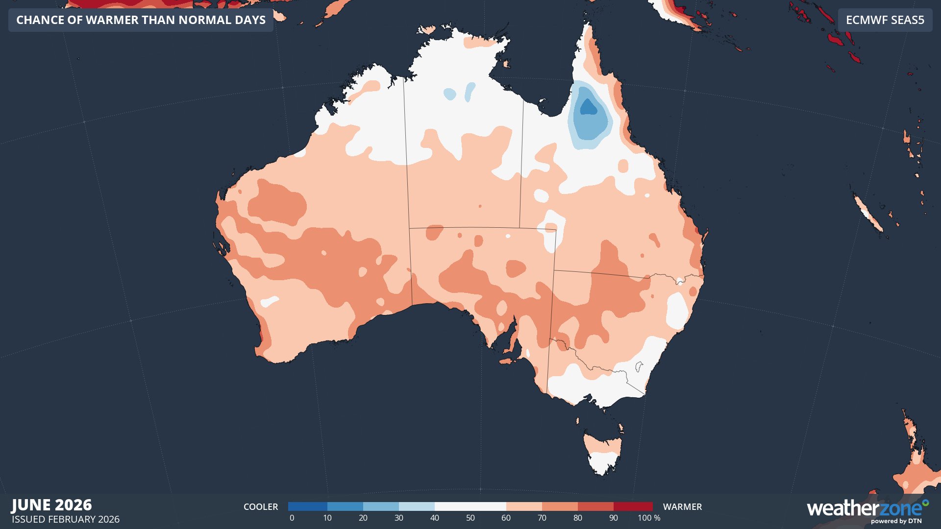 Chance of warmer-than-normal monthly average daytime temperatures over Australia during June 2026. Source: Weatherzone / ECMWF SEAS5.