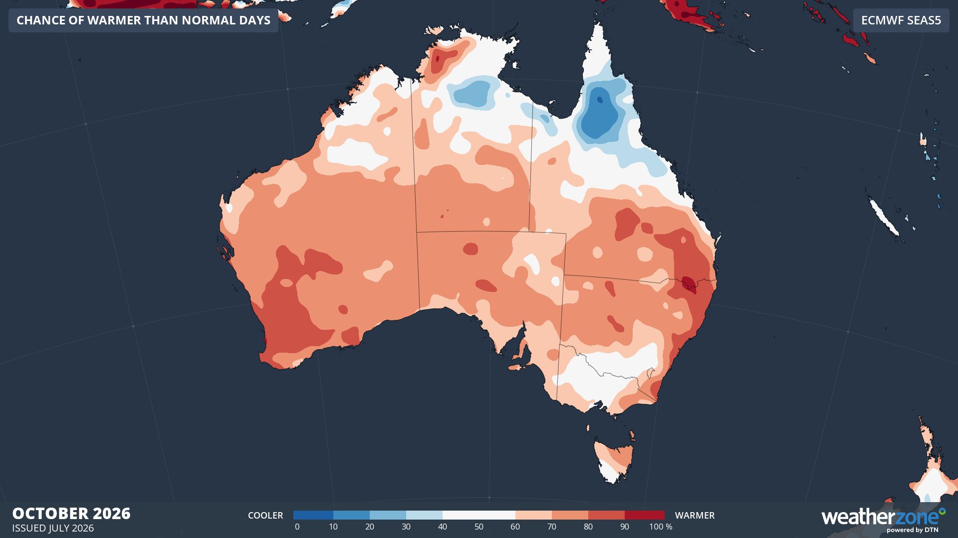 Chance of above average maximum temperatures across Australia in October 2026, according to the ECMWF SEAS5 model. Source: Weatherzone.