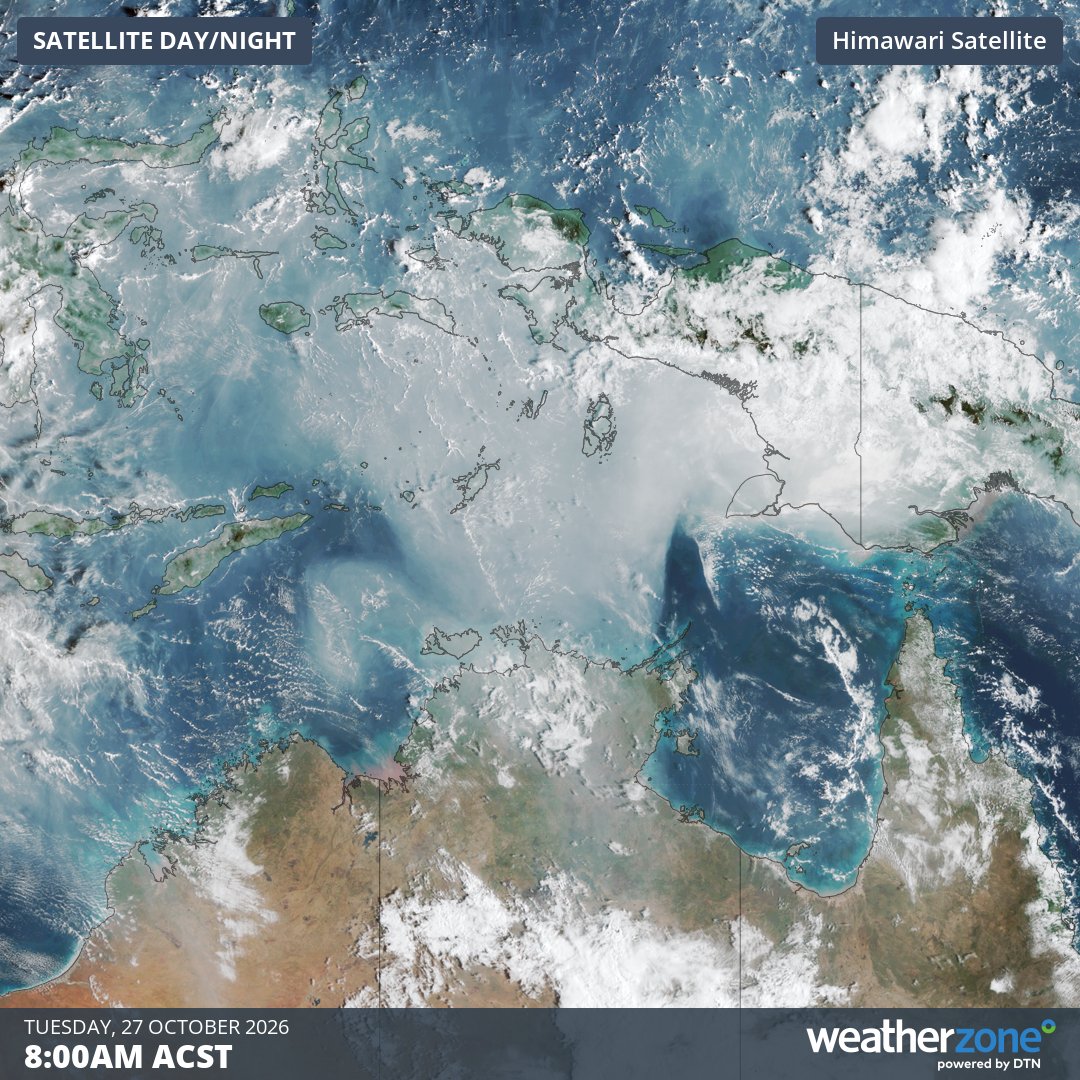 Visible satellite image showing smoke extending from New Guinea to the Top End on Tuesday morning. Source: Weatherzone.