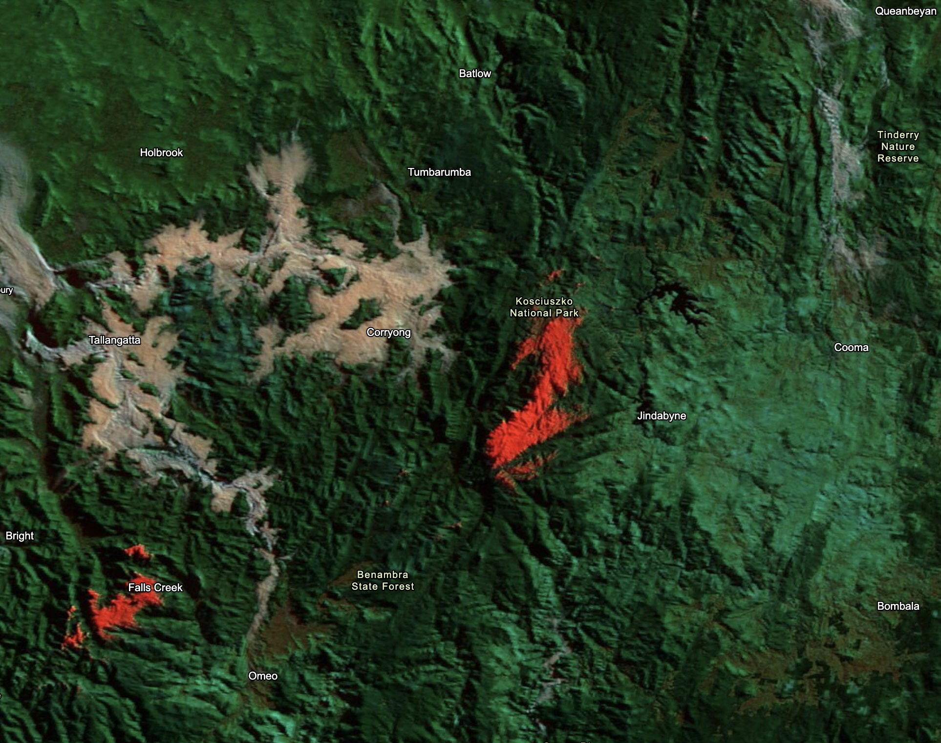 Enhanced satellite image captured on July 17, 2026, showing snow in red. Source: NASA Worldview / Terra.