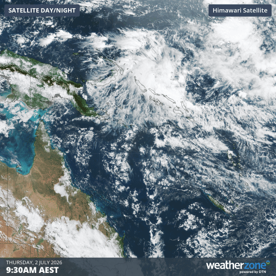 Visible satellite images showing cloud associated with a tropical disturbance near the Solomon Islands on Thursday, July 2, 2026. Source: Weatherzone.