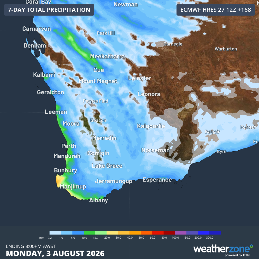 Rainfall accumulation predicted for southwest WA up until 8 pm (AWST) on Monday, August 3, 2026, according to the ECMWF model. Source: Weatherzone.