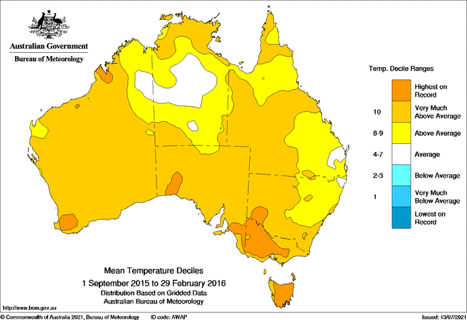 Mean temperature deciles between September 2015 and February 2016. Source: Bureau of Meteorology.