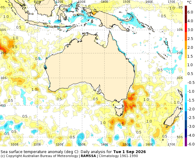 Sea surface temperature anomalies near Australia on September 1, 2026. Source: Bureau of Meteorology.