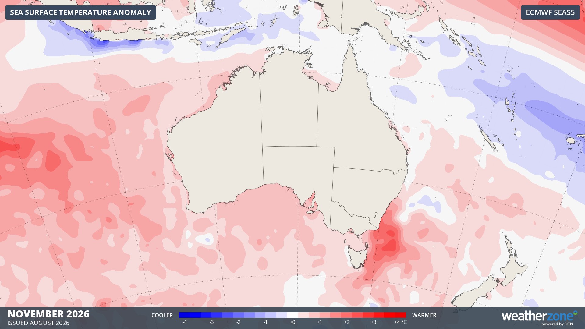 Forecast sea surface temperature anomalies in November 2026 according to the ECMWF SEAS5 model. Source: Weatherzone.