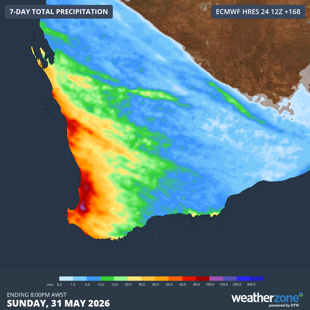 orecast accumulated rain over southwestern Australia during the seven days ending at 10 pm AEST on Sunday, May 31, 2026. Source: Weatherzone.
