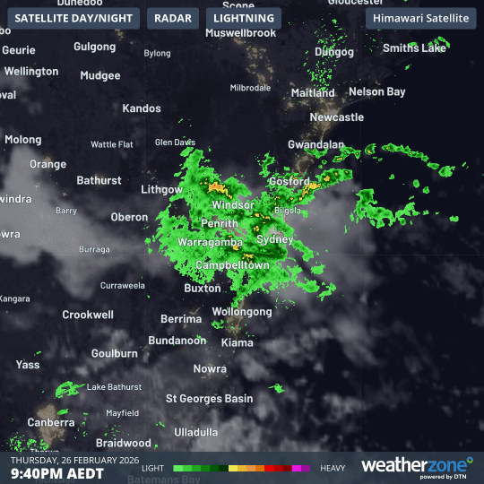 Composite satellite, radar and lightning strikes over the Sydney region on Thursday night into Friday morning. Source: Weatherzone.