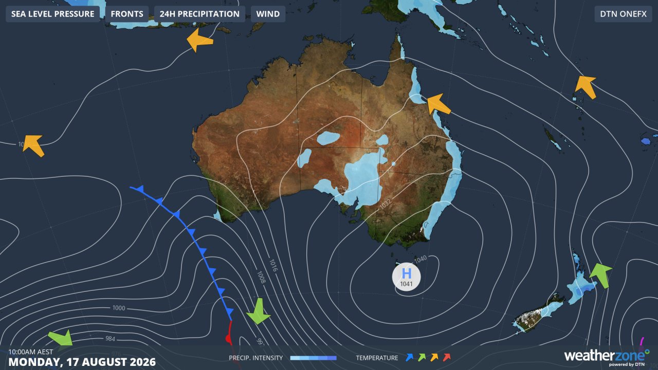 Synoptic chart showing a powerful high pressure system centred over Tasmania on Monday, August 17, 2026. Source: Weatherzone.