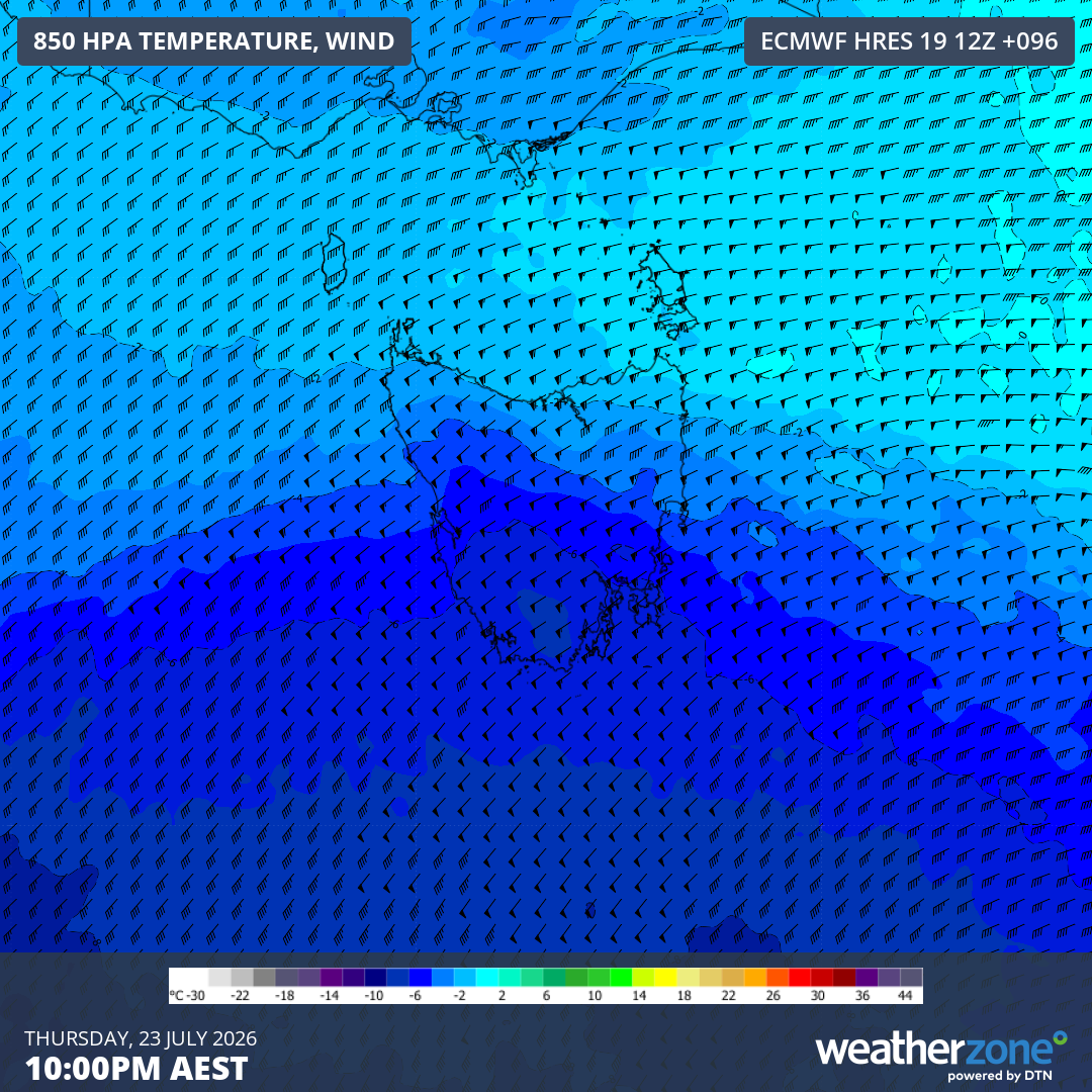 Forecast 850 hPa wind temperature at 10pm AEST on Thursday, July 23, 2026. Source: Weatherzone.