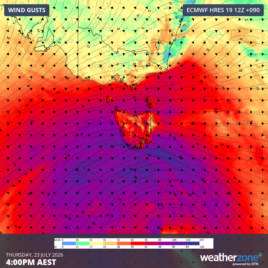 Forecast wind gusts at 4pm AEST on Thursday, July 23, 2026. Source: Weatherzone.