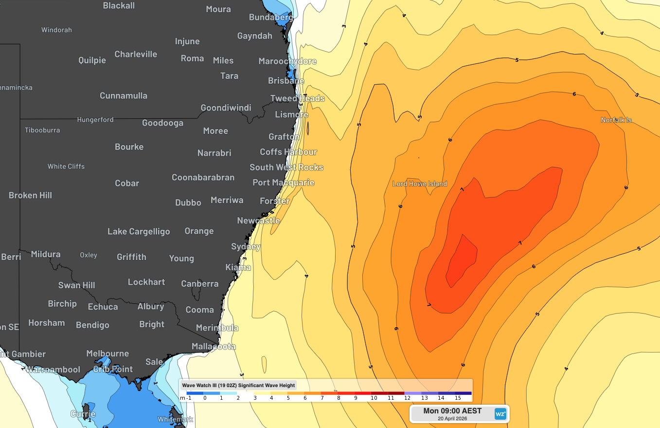 Significant wave height forecast for Monday morning. Source: Weatherzone.