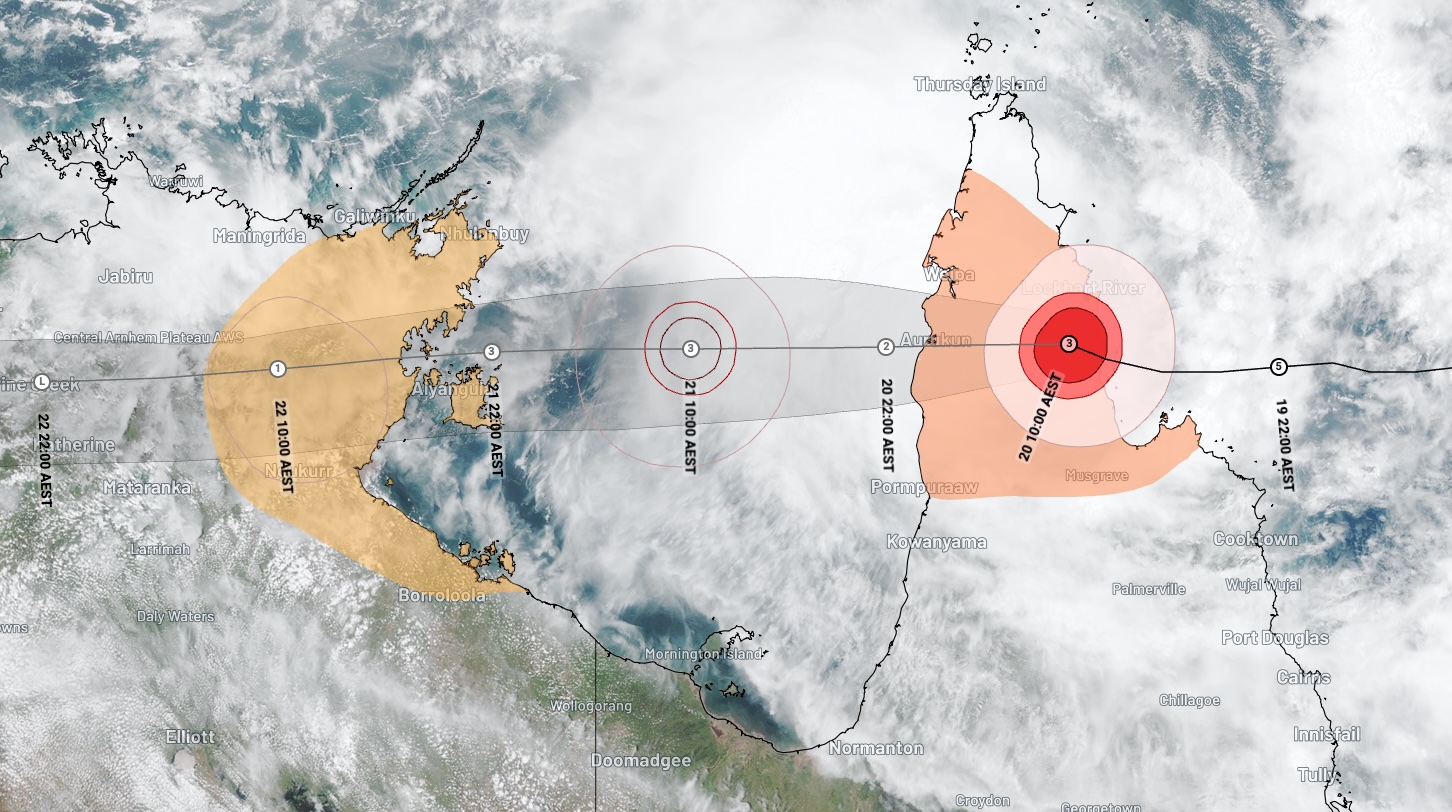 orecast track map for Tropical Cyclone Narelle. Valid at 1:00 pm AEST on Friday, March 20, 2026. A more recent forecast track map may be available. Source: Weatherzone.