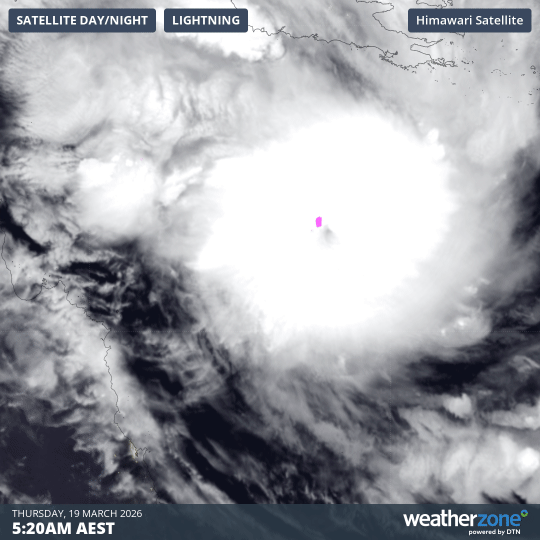 Composite visible satellite images and lightning strike observations, showing lightning near the eye of Severe Tropical Cyclone Narelle on Thursday morning. Source: Weatherzone.