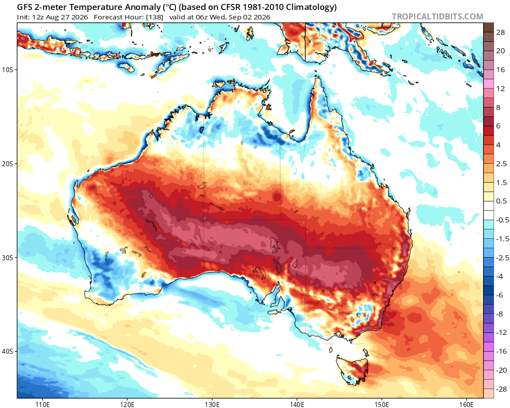 Modelled temperature anomalies on the afternoon of Wednesday, September 2, 2026. Source: Tropical Tidbits.