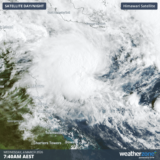 Satellite images showing a tropical low over the northern Coral Sea on Wednesday morning. Source: Weatherzone.