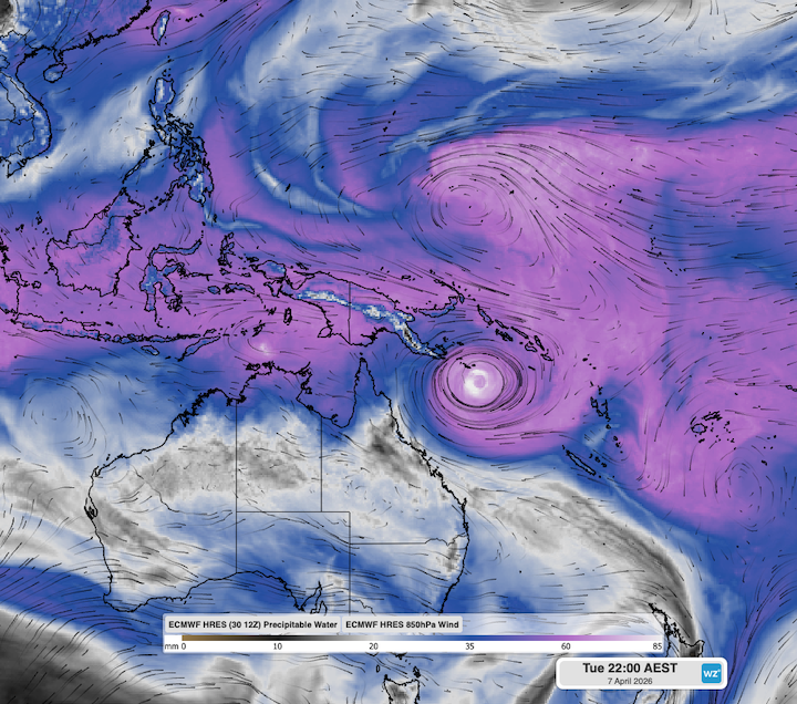 Modelled water vapour and 850 hPa wind showing twin tropical lows on either side of the equator on April 7, 2026. Source: Weatherzone.