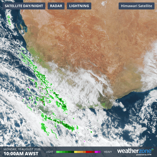 Composite satellite, radar and lightning observations over southwestern Australia on Monday, August 10, 2026. Source: Weatherzone.