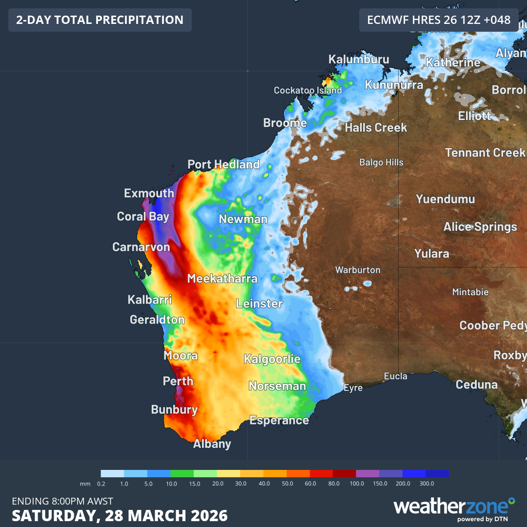 Forecast accumulated rain during the 48 hours ending at 8pm AWST on Saturday, March 29, 2026. Source: Weatherzone.