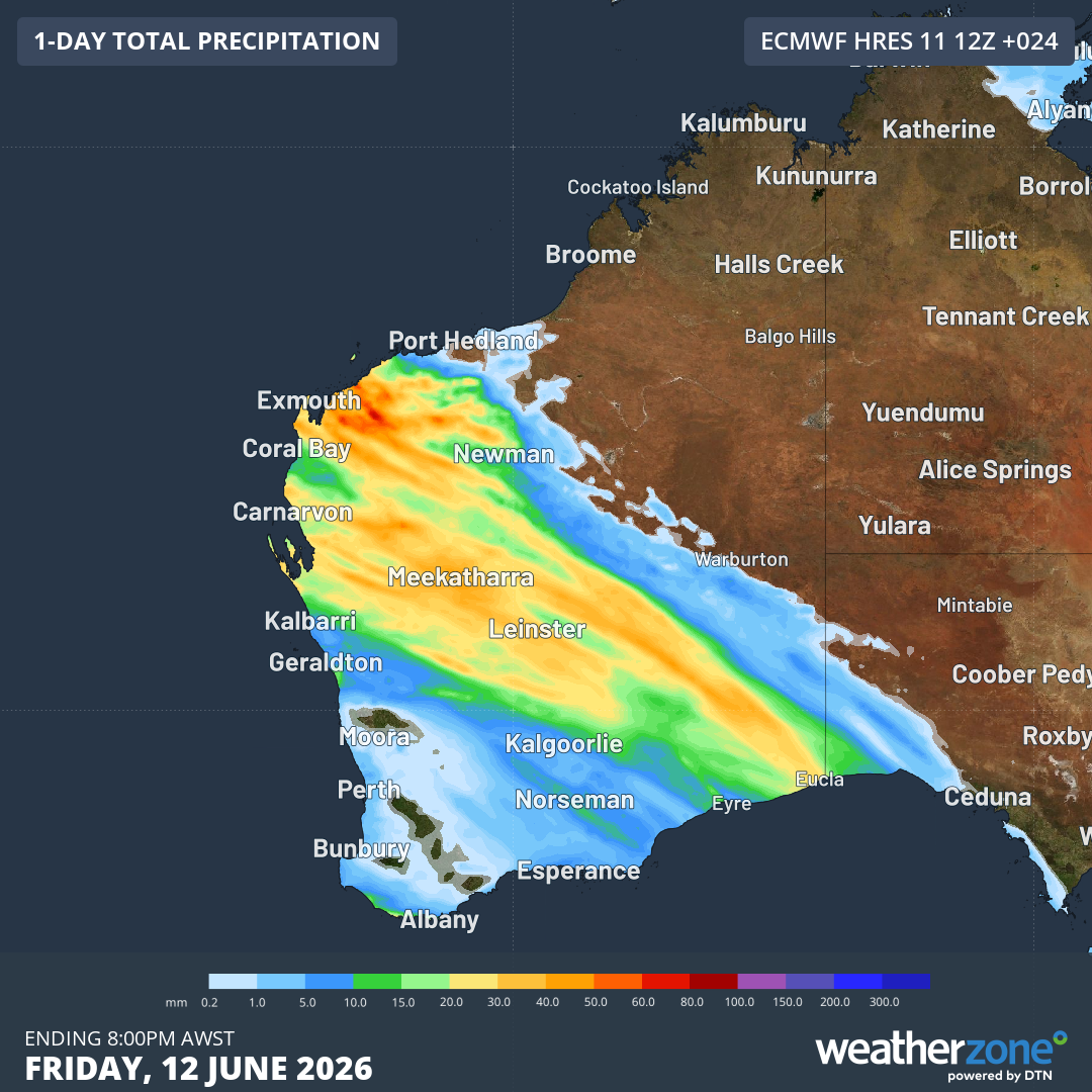 Forecast accumulated rain during the 24 hours ending at 8 pm AWST on Friday, June 12, 2026. Source: Weatherzone.