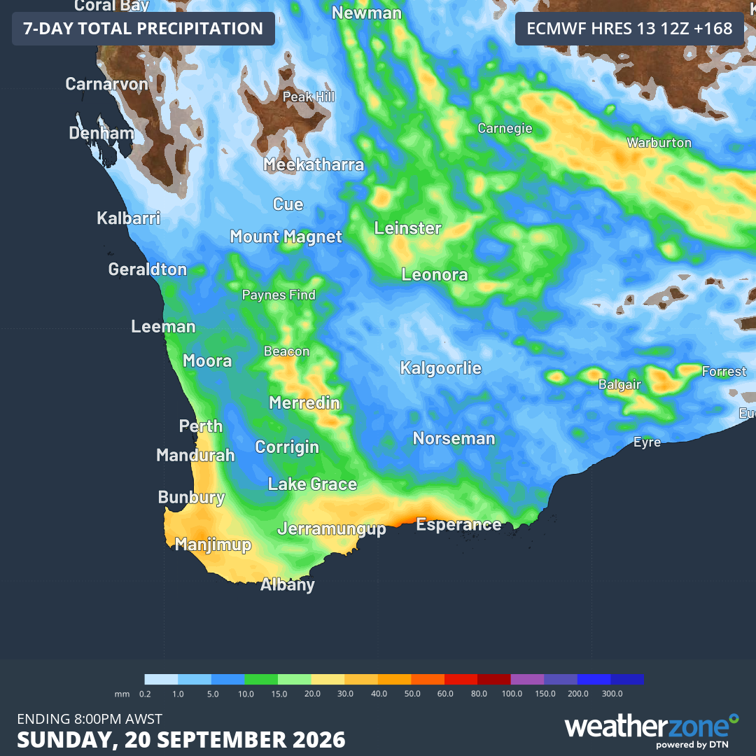 Forecast accumulated rain this week. Most of the rain predicted here for the state’s southwest will fall on Friday into Saturday. Source: Weatherzone.