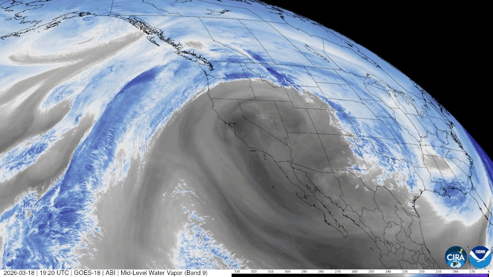 Water vapor image (false color) from March 18, clearly showing the northward loop of the jet stream around the intense high pressure across the Southwest. Source: NOAA GOES-18 satellite.