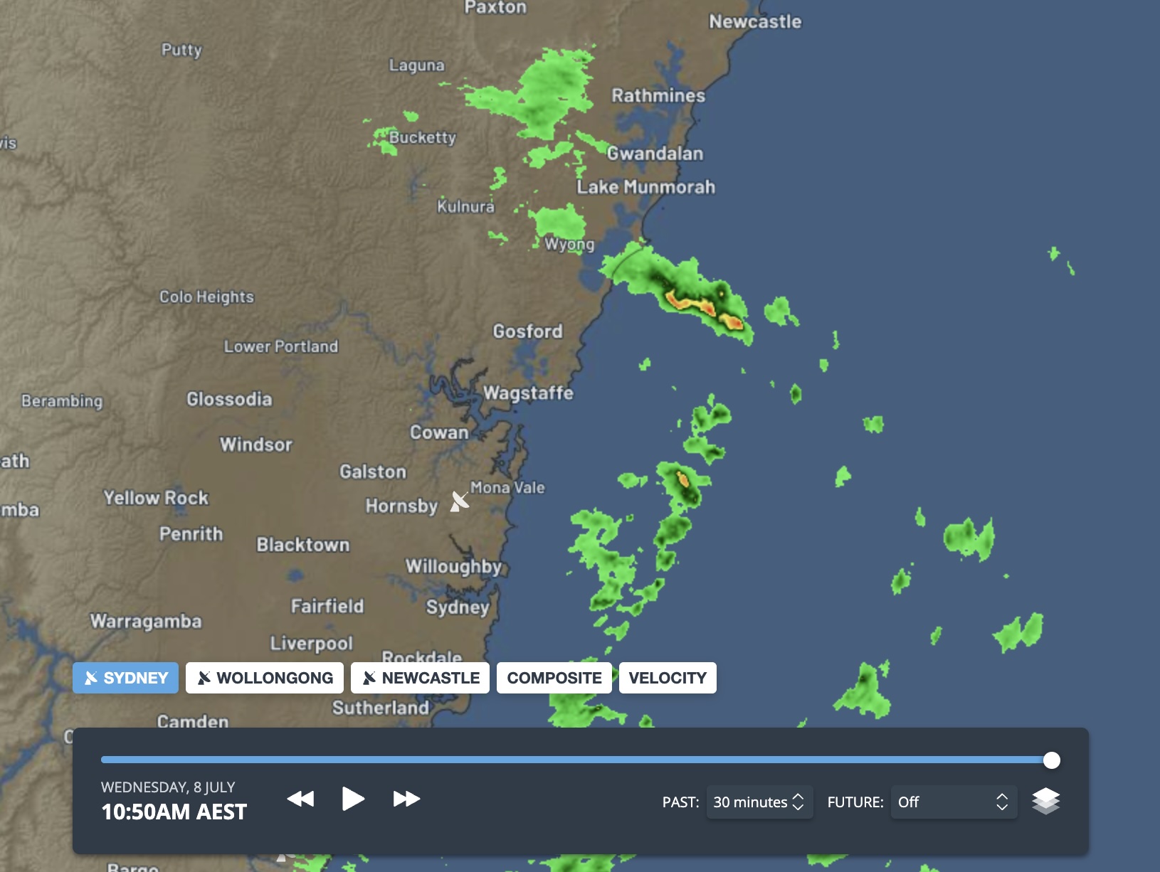 Radar image (reflectivity) on the Weatherzone website. Source: Weatherzone.