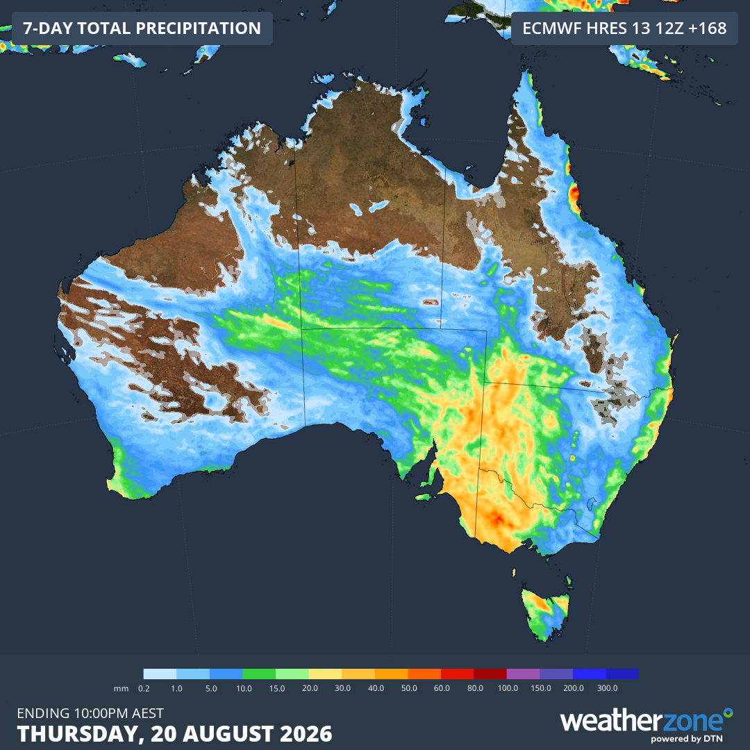 ECMWF 7-day rainfall leading up to Thursday, August 20. Source: Weatherzone.