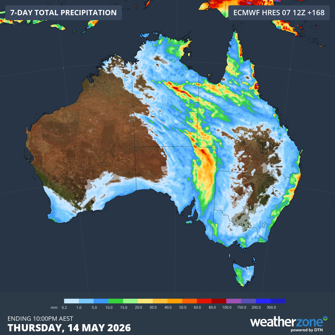 Forecast accumulated rain during the next seven days. Source: Weatherzone.