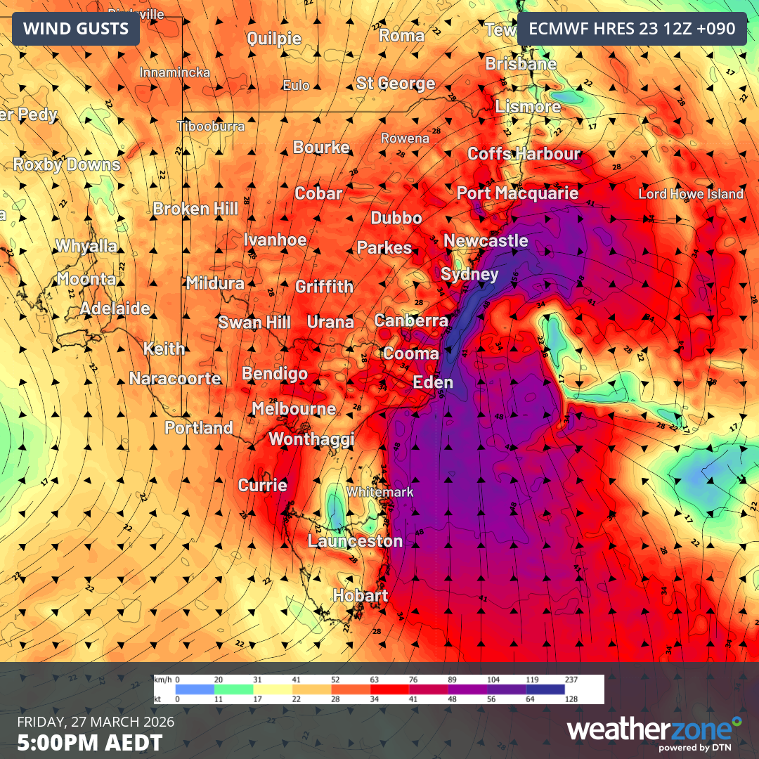 Forecast wind gusts at 5pm AEDT on Friday, March 27, 2026. Source: Weatherzone.