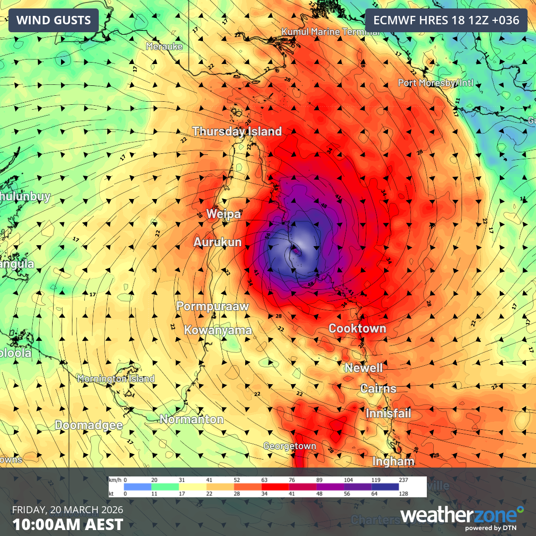 Forecast wind gusts at 10am AEST on Friday, March 20, according to the ECMWF-HRES model. Source: Weatherzone.