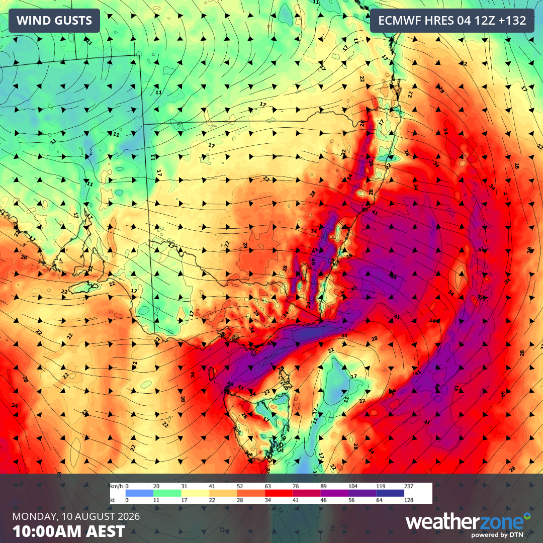 Forecast wind gusts at 10am AEST on Monday, August 10, 2026. Source: Weatherzone.