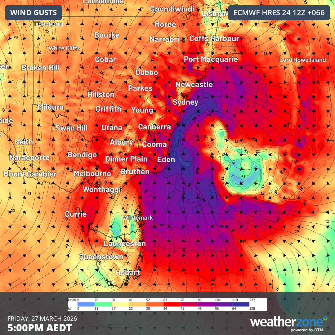 Forecast wind gusts at 5pm AEDT on Friday, March 27, 2026. Source: Weatherzone.
