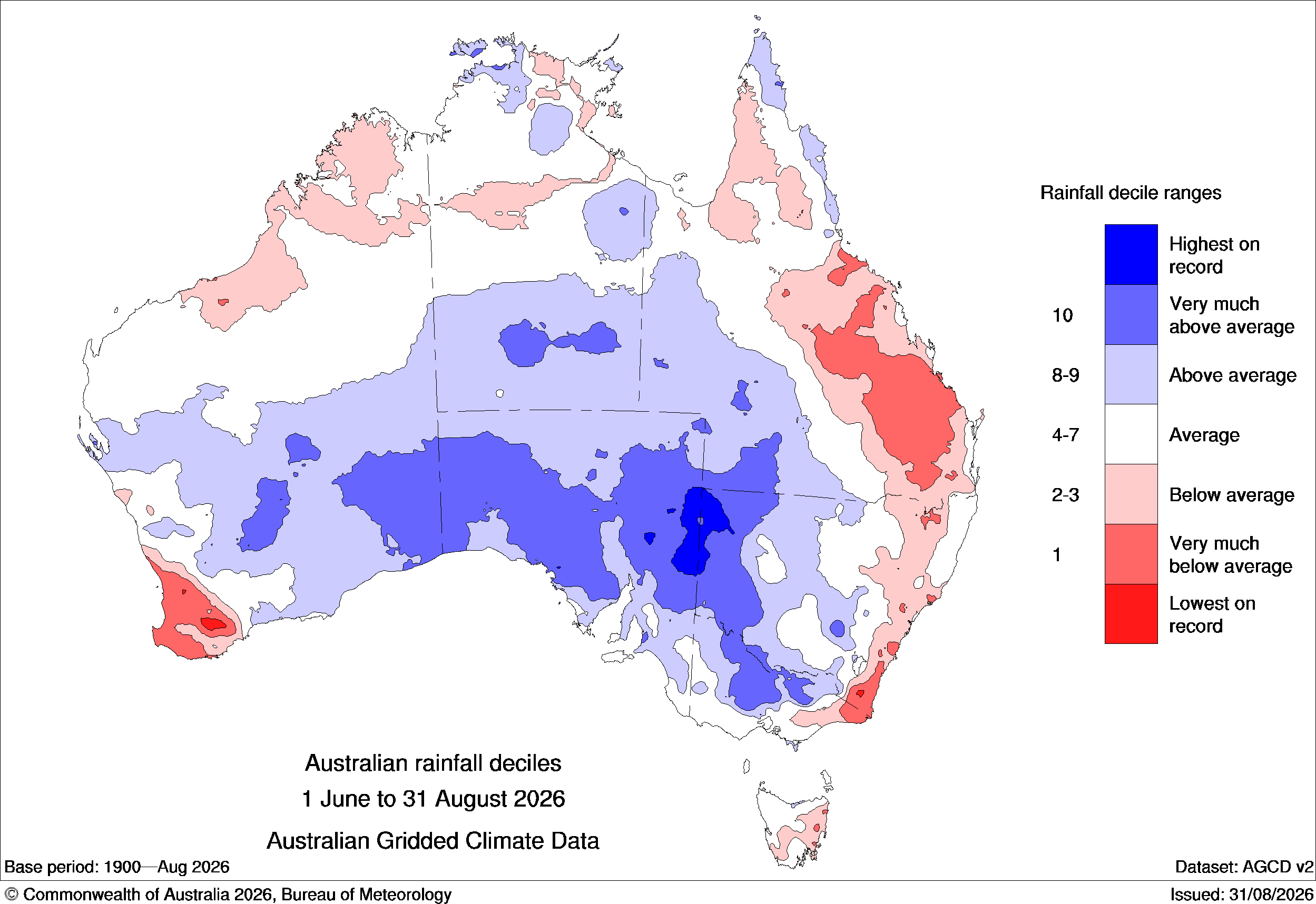 Winter 2026 rainfall deciles, showing a stark contrast between below average (blue) and above average (red) rainfall across the country. Source: Bureau of Meteorology.