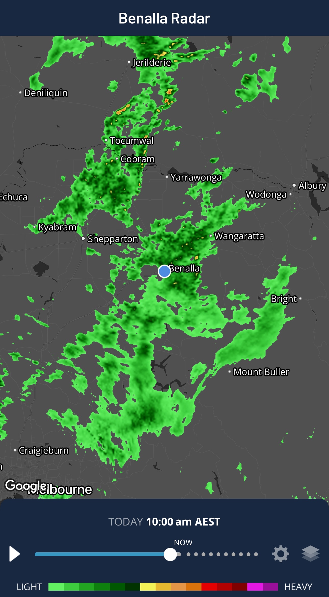 Radar on the Weatherzone app showing rainfall over Vic and NSW on Monday, June 29, 2026. Source: Weatherzone.