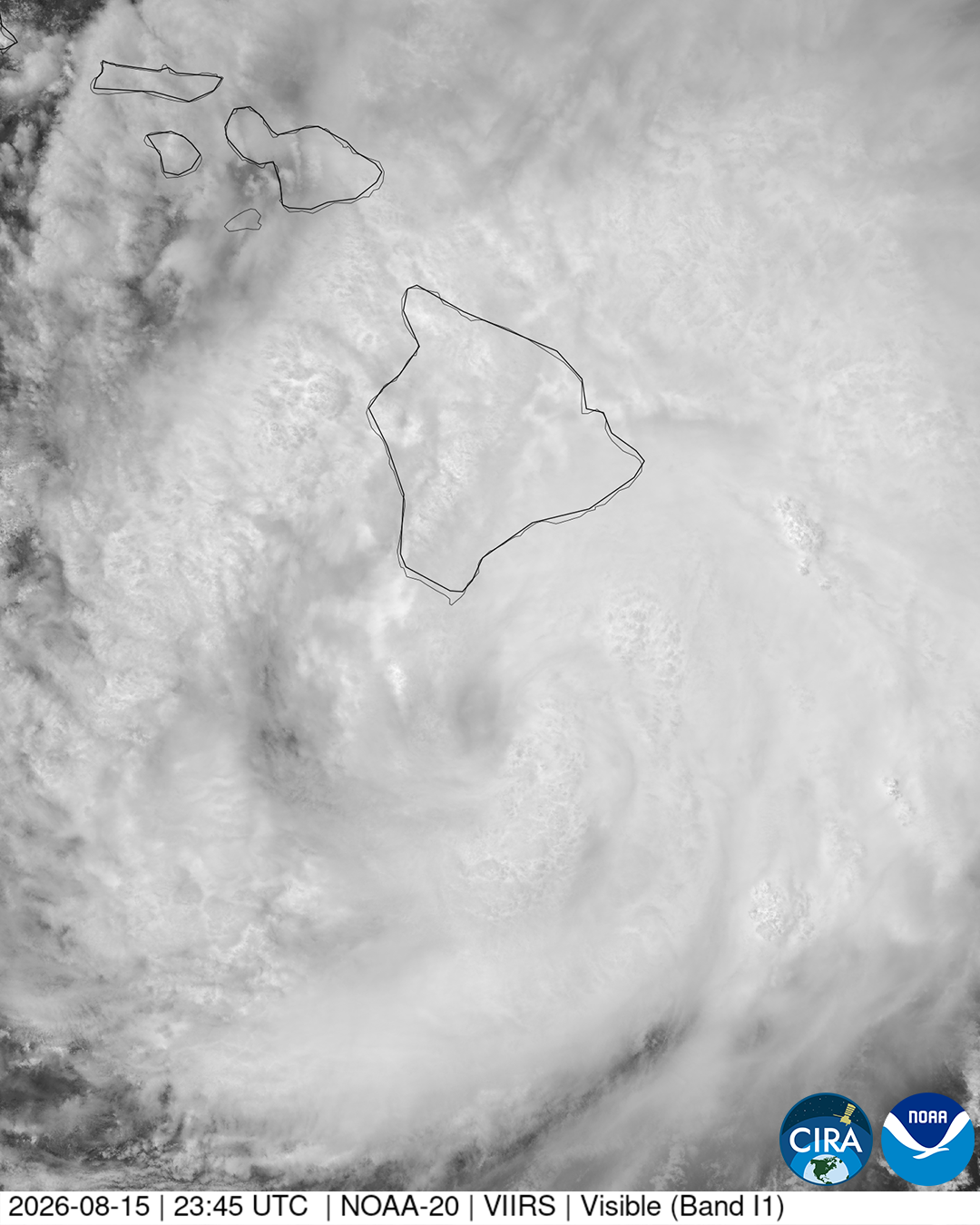 Visible satellite image showing Hurricane Lala passing close to Hawaii in August 15, 2026. Source: CIRA / NOAA-20.