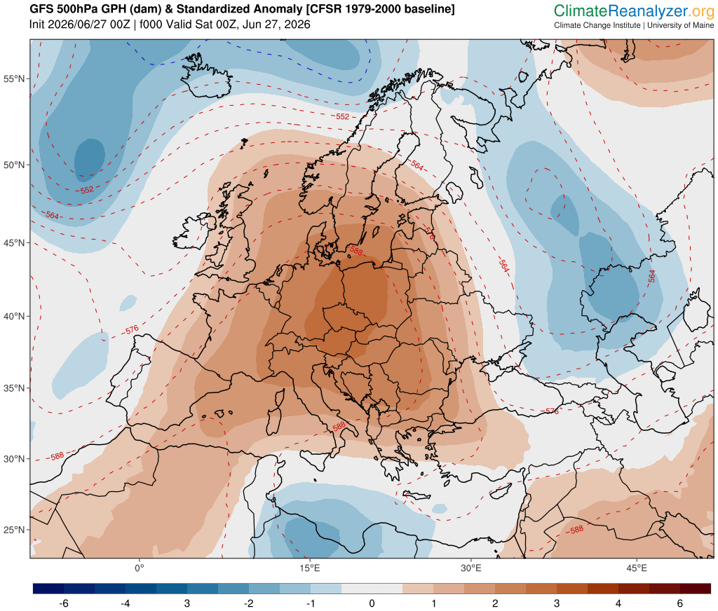 Map of 500 hPA geopotential height anomaly on Saturday, June 27, 2026. Red indicates a positive anomaly, showing the heat dome over Europe. Source: ClimateReanalyzer.org