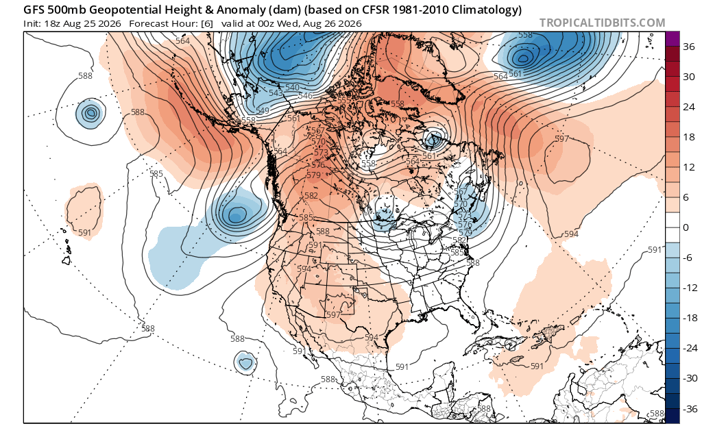Modelled 500 hPa height anomalies at 12:00am UTC on Wednesday, August 26, 2026, showing the upper-level ridge that has been a persistent feature across the South-Central U.S. this month. Source: Tropical Tidbits.