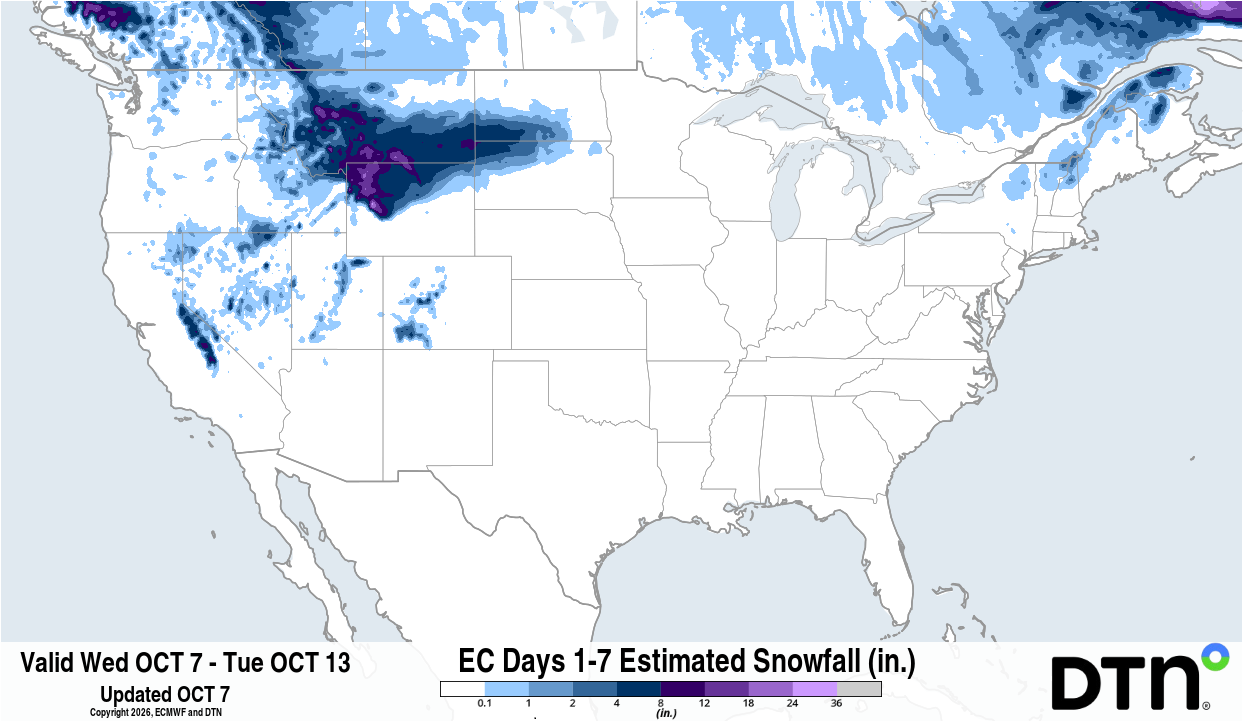 Forecast accumulated snow between Wednesday, October 7 and Tuesday, October 13. Source: DTN.