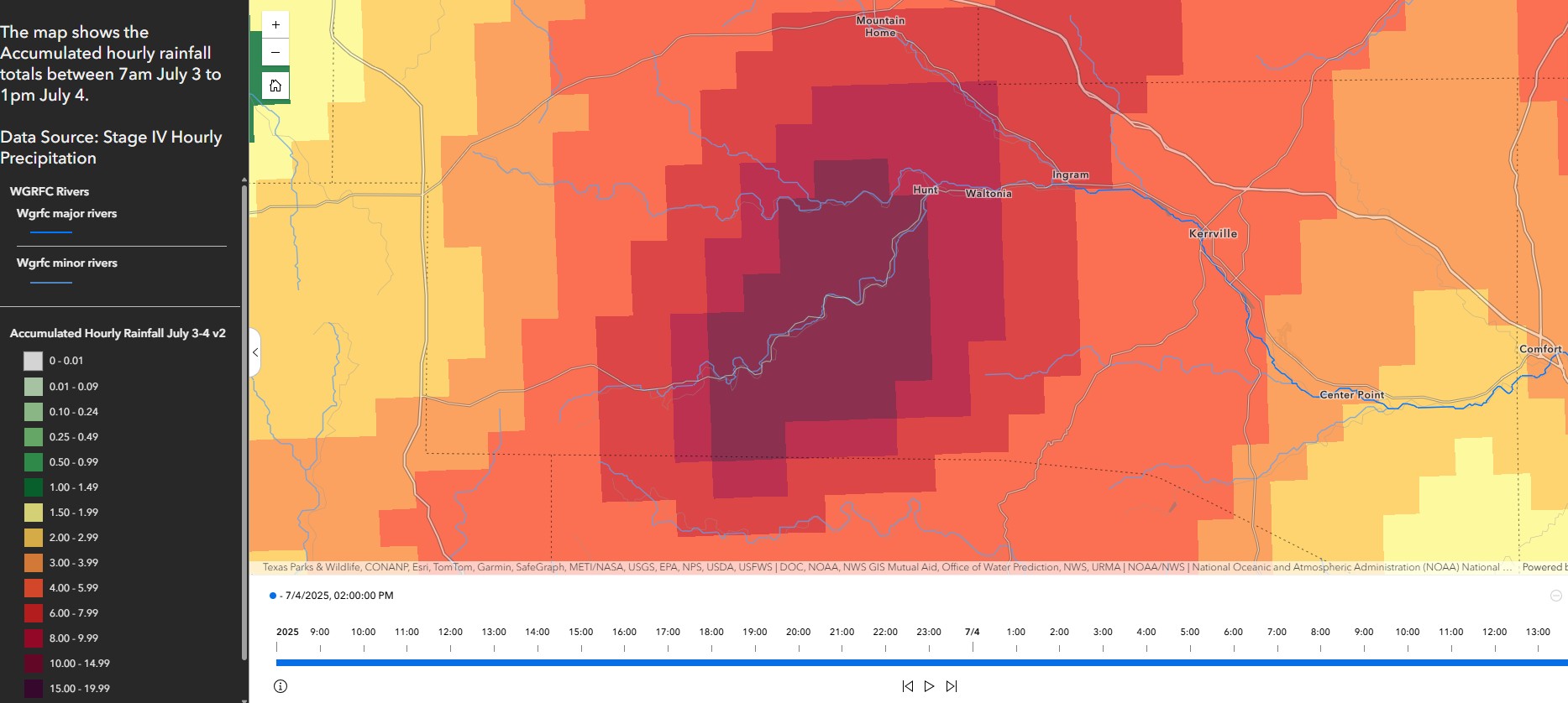 Accumulated hourly rainfall totals between 7 am July 3 and 1 pm July 4, 2025. Source: NOAA/NWS – Stage IV Hourly Precipitation