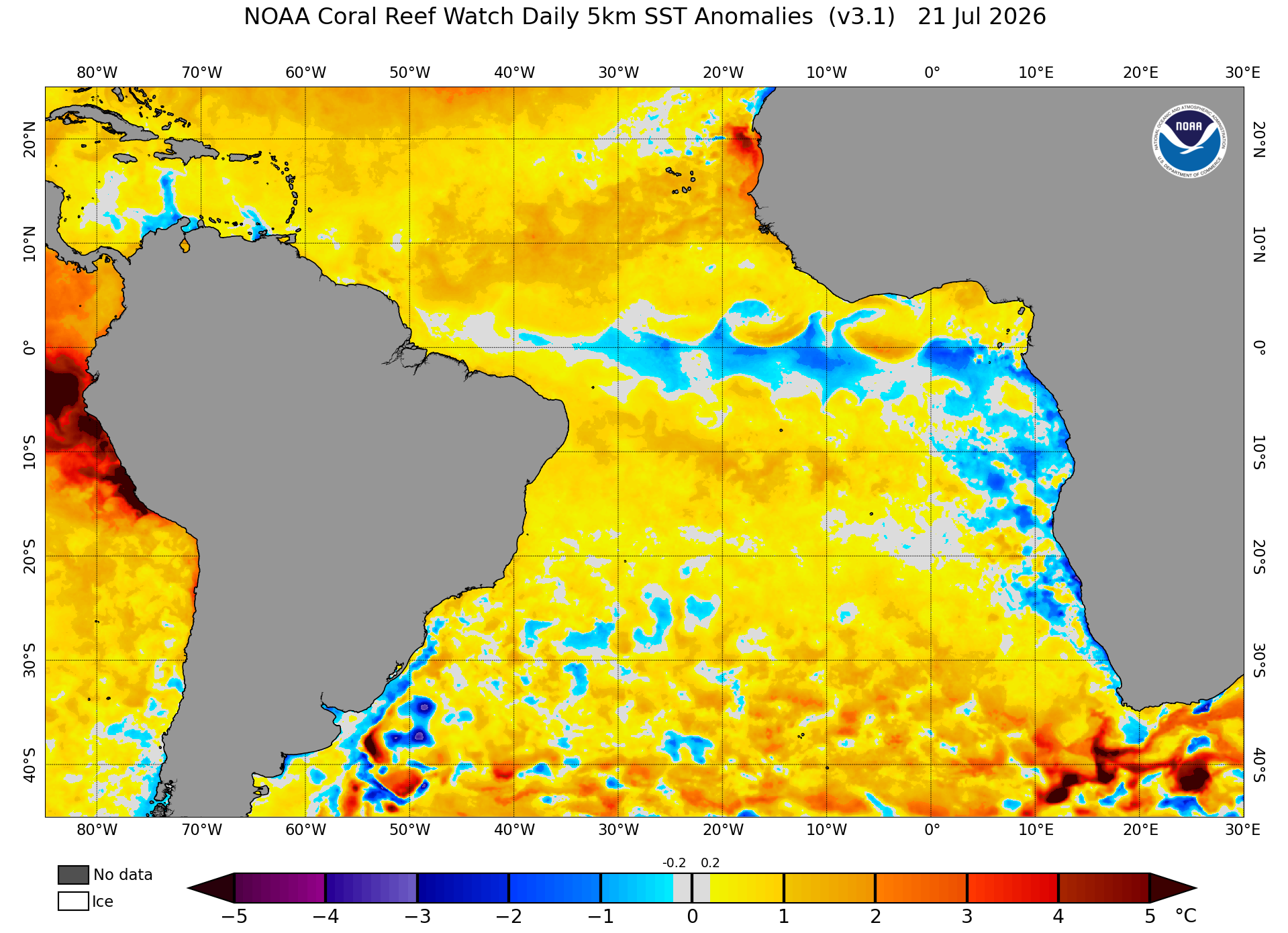 Sea surface temperature anomalies in the tropical Atlantic Ocean on July 21, 2026, showing an Atlantic Niña pattern. Source NOAA.