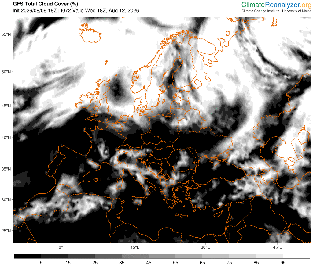 Expected cloud cover from the GFS model on August 12th at 18 GMT. Many parts of Europe will have clear skies or only some (high) clouds. Iceland and northern parts of British Isles might see more clouds. Source: ClimateReanalyzer.org